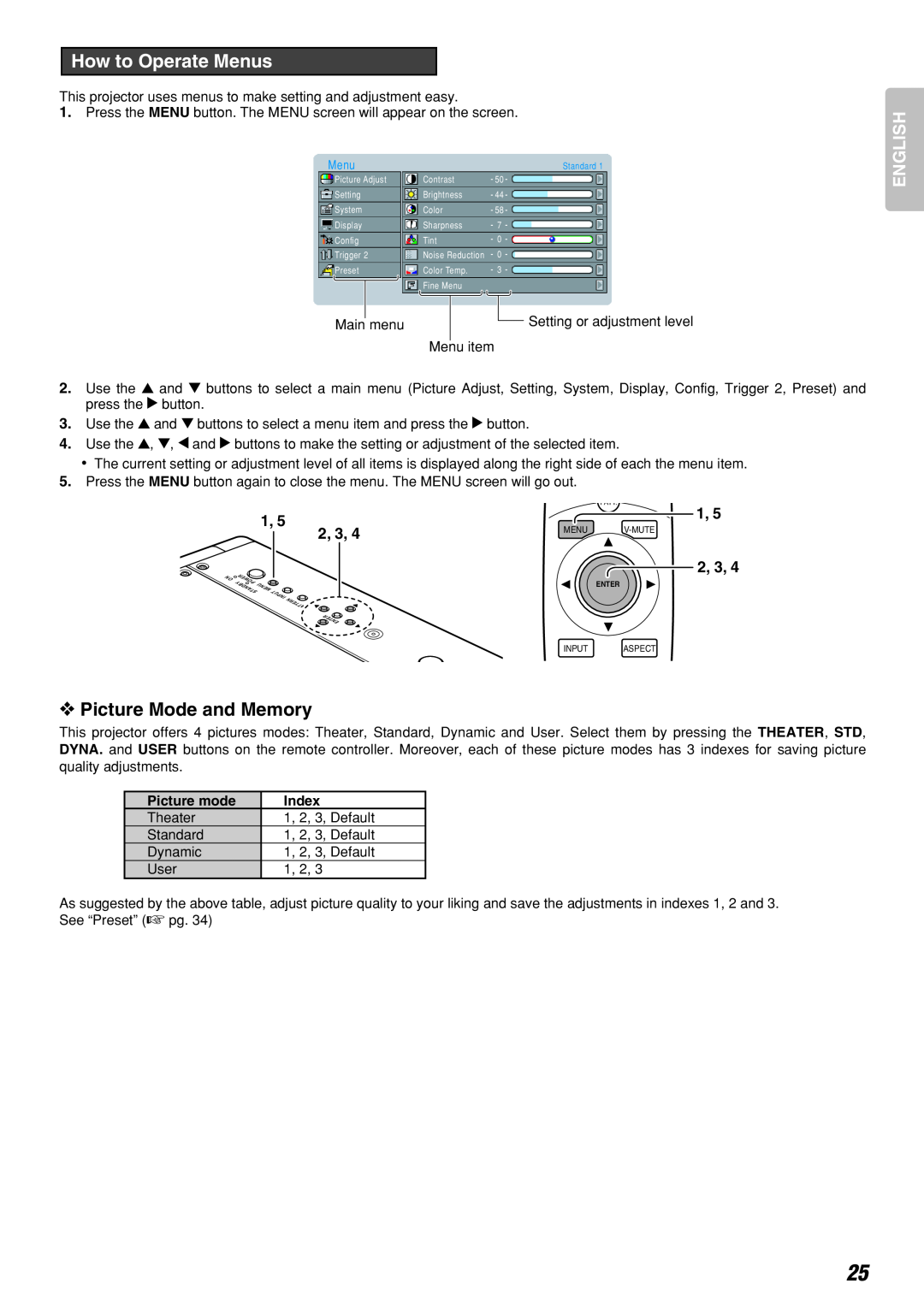 Marantz Model VP-10S1 manual How to Operate Menus, Picture Mode and Memory, English, 2, 3, Main menu 