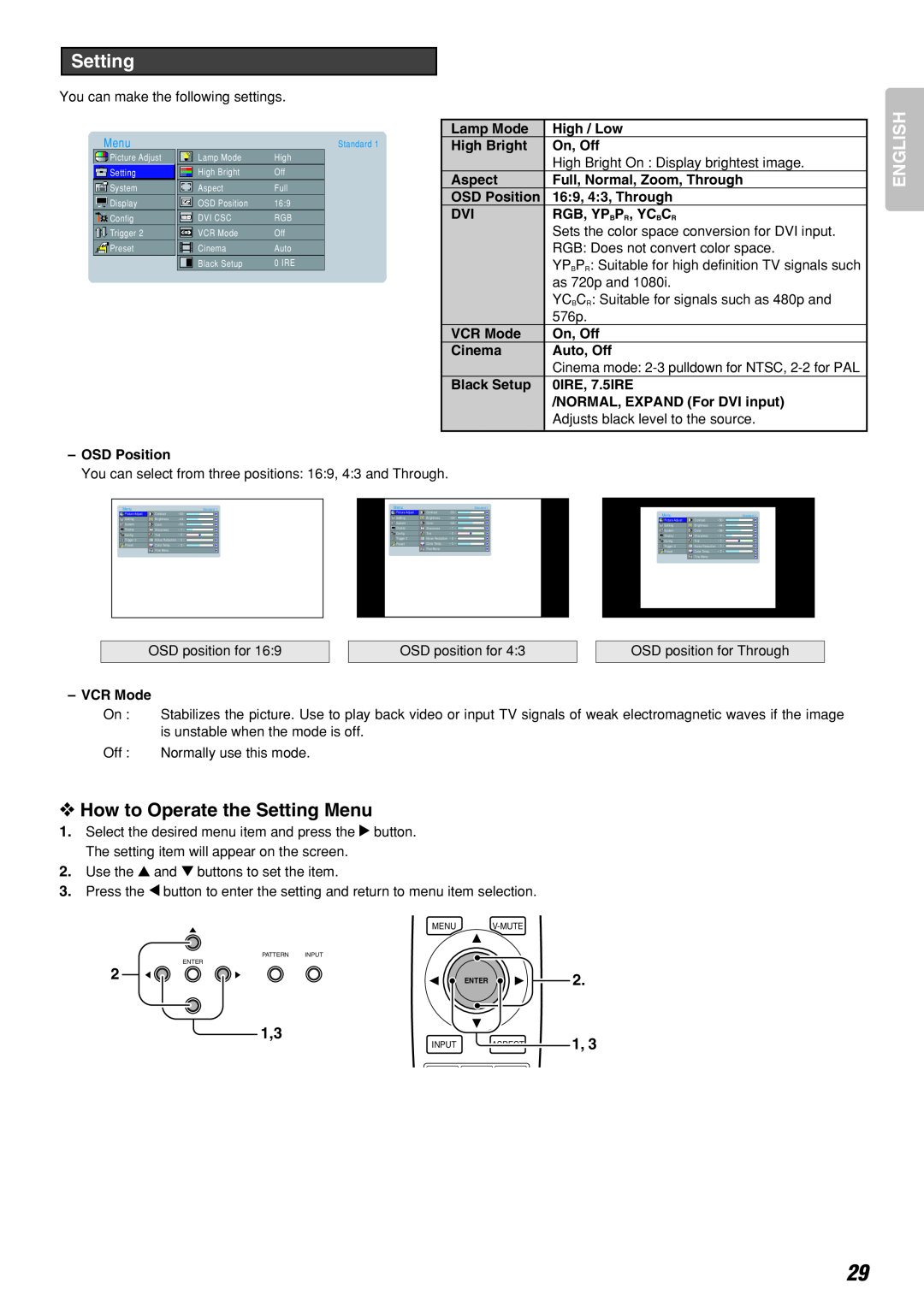 Marantz Model VP-10S1 manual How to Operate the Setting Menu, English 