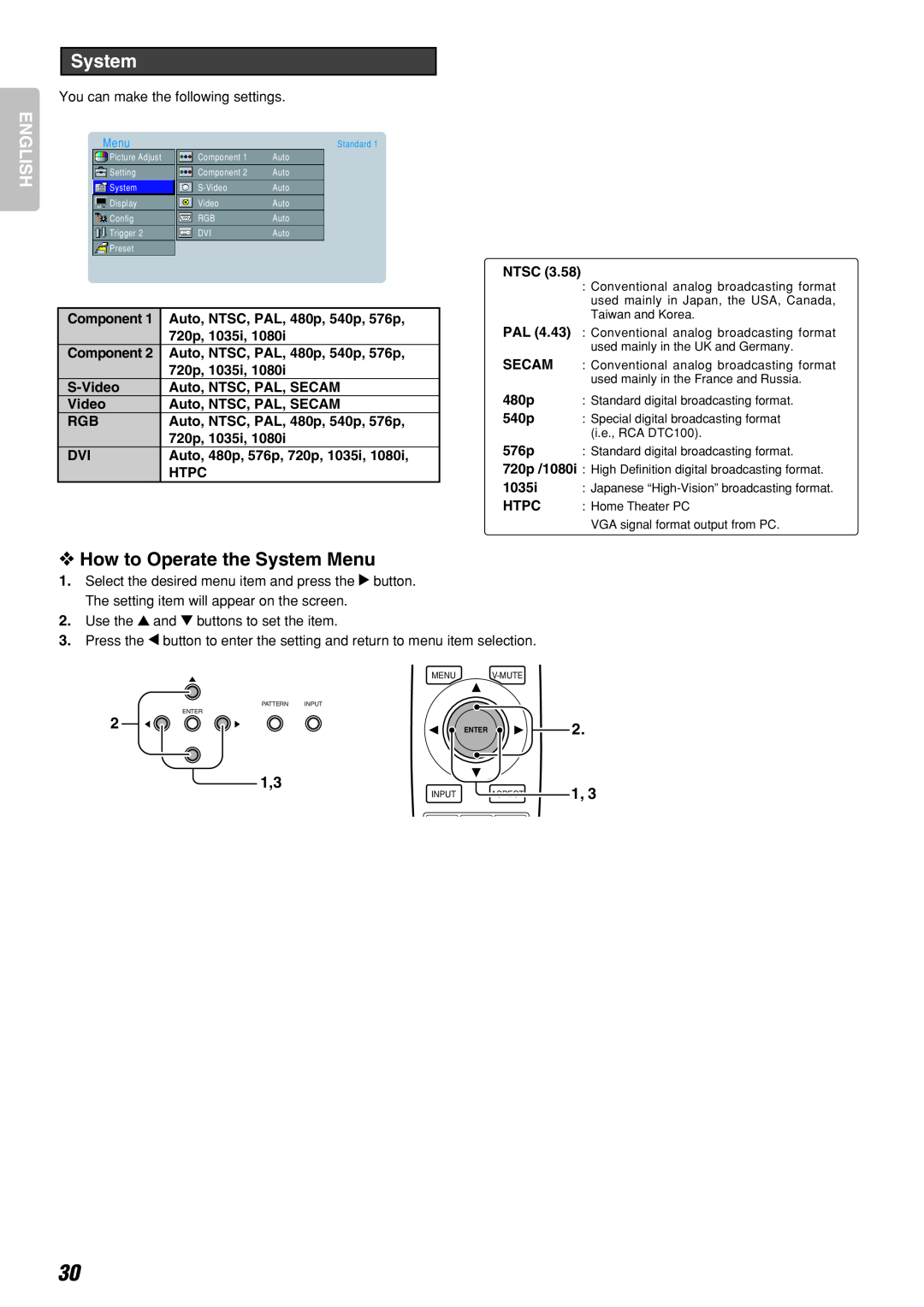 Marantz Model VP-10S1 manual How to Operate the System Menu, English 