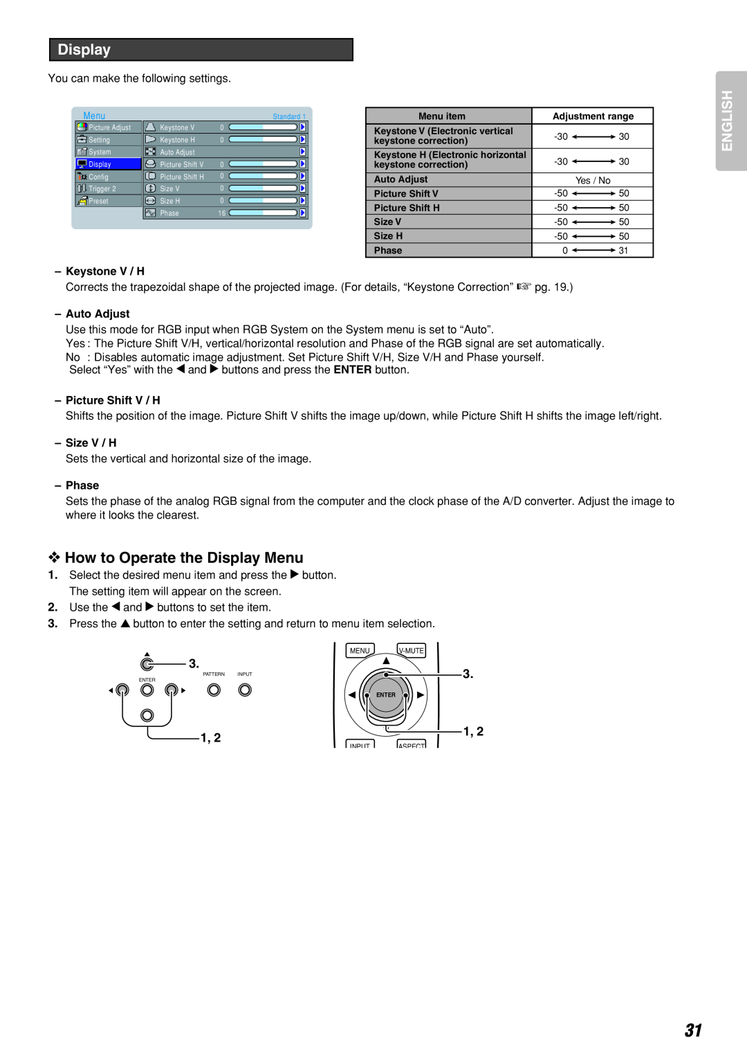 Marantz Model VP-10S1 manual How to Operate the Display Menu, English 