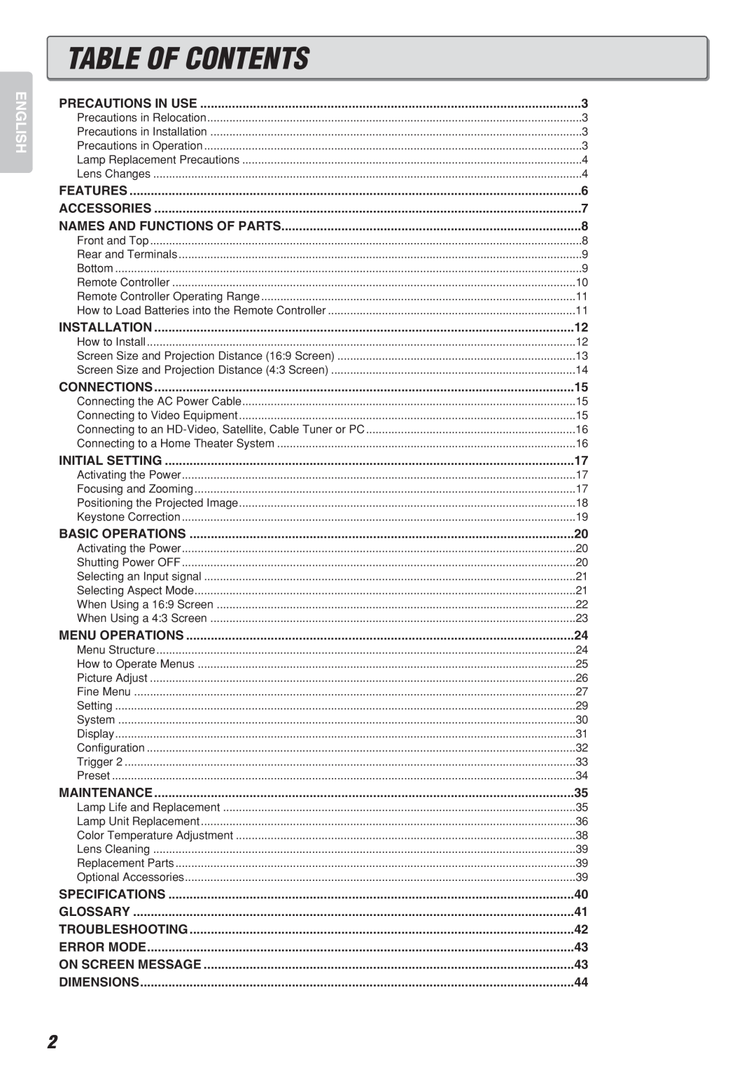 Marantz Model VP-10S1 manual Table Of Contents, English 