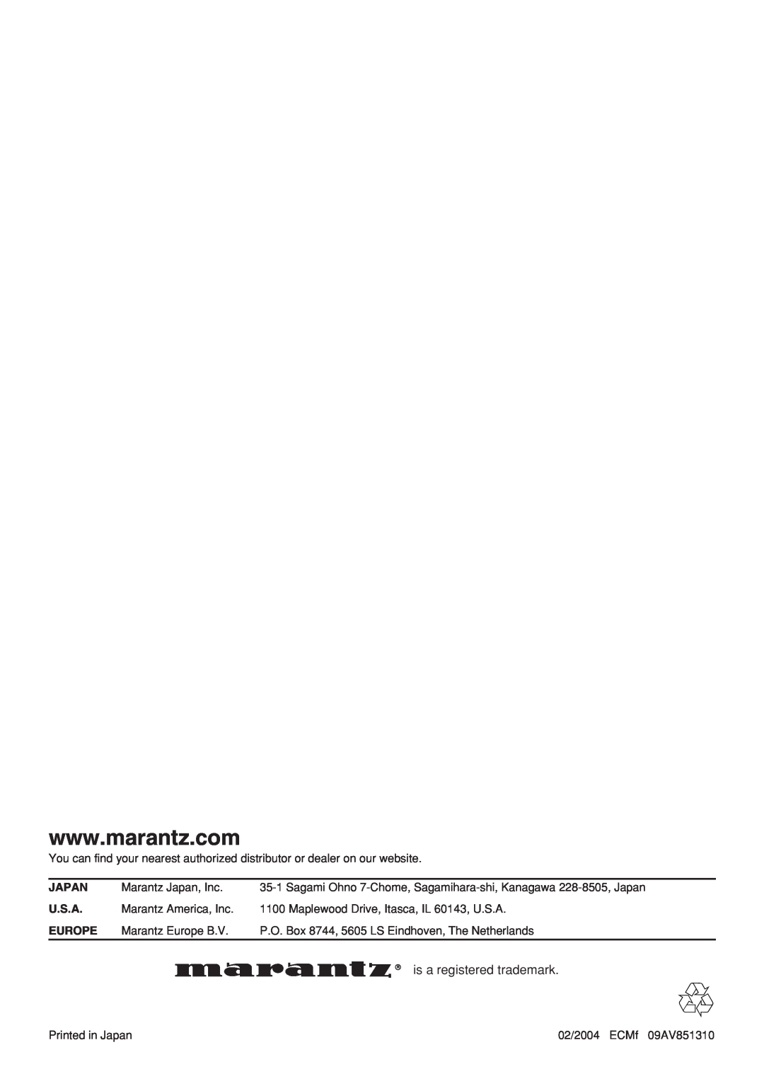 Marantz Model VP-10S1 manual is a registered trademark, Japan, U.S.A, Europe 