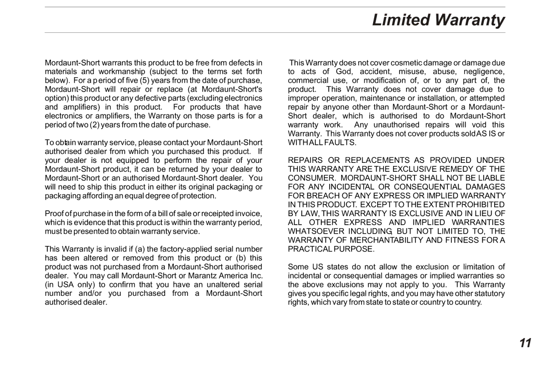 Marantz MS308 owner manual Limited Warranty 