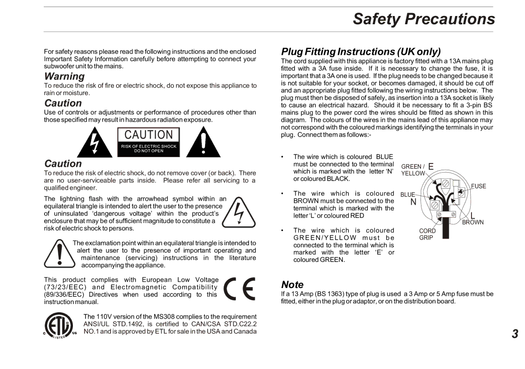 Marantz MS308 owner manual Safety Precautions, Plug Fitting Instructions UK only 