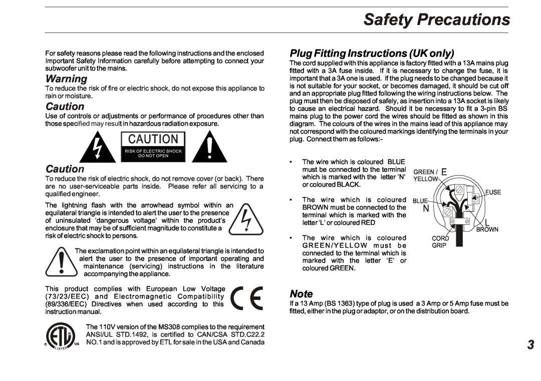 Marantz MS308 owner manual Safety Precautions, Plug Fitting Instructions UK only 