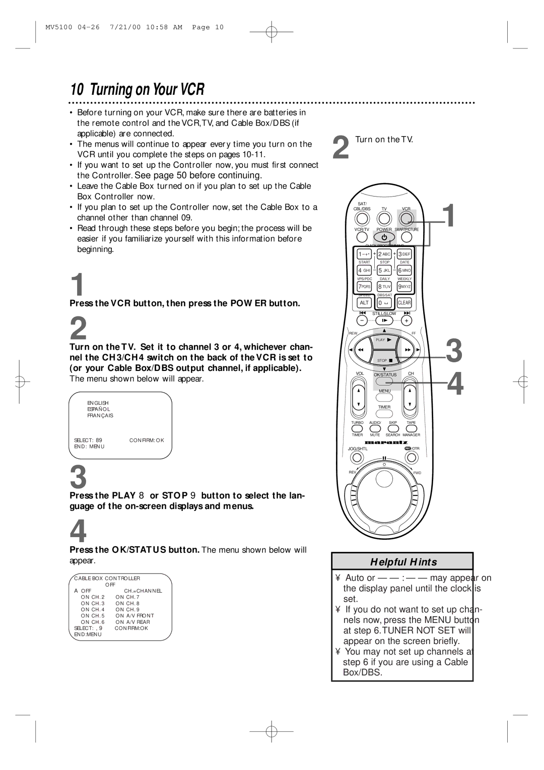 Marantz MV5100 manual Turning on Your VCR, Press the VCR button, then press the Power button, Menu shown below will appear 