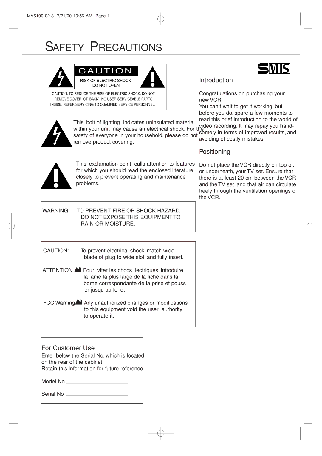 Marantz MV5100 manual Introduction, Positioning, For Customer Use, To prevent electrical shock, match wide 