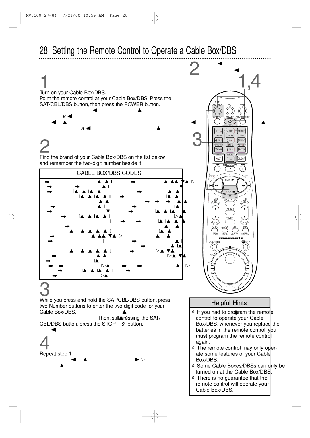 Marantz MV5100 manual Turn on your Cable Box/DBS, Find the code for your, SAT CBL/DBS VCR VCR/TV Power 