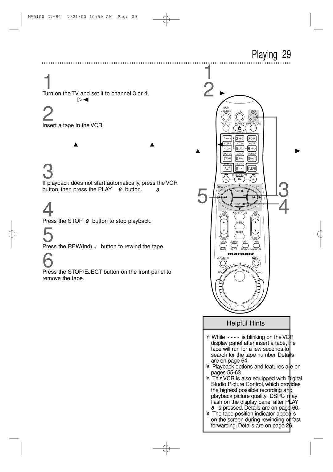 Marantz MV5100 manual Playing, Read and follow the steps below to play a tape, Playback options and features are on pages 