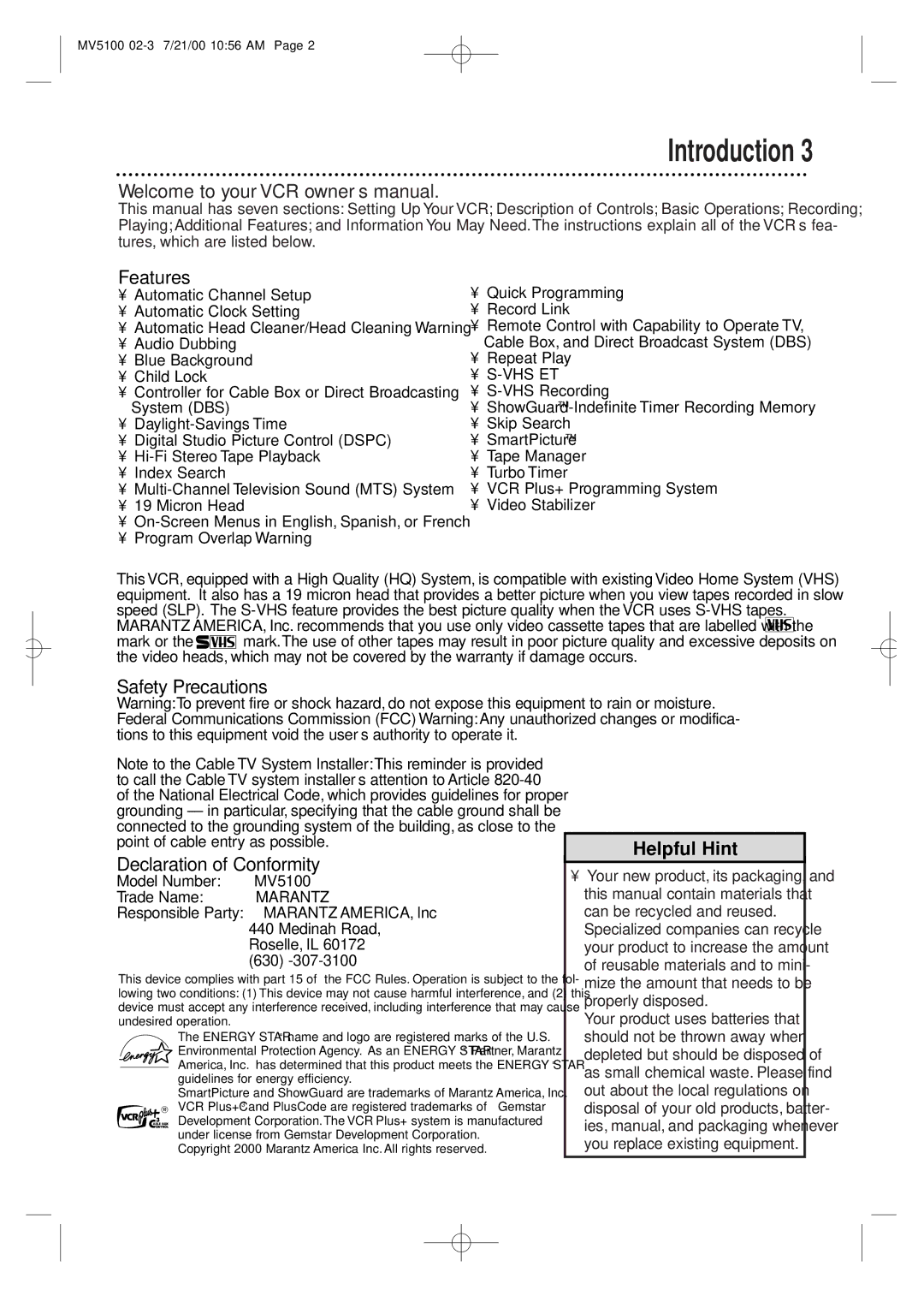 Marantz MV5100 manual Introduction, Features, Safety Precautions Declaration of Conformity, Repeat Play 