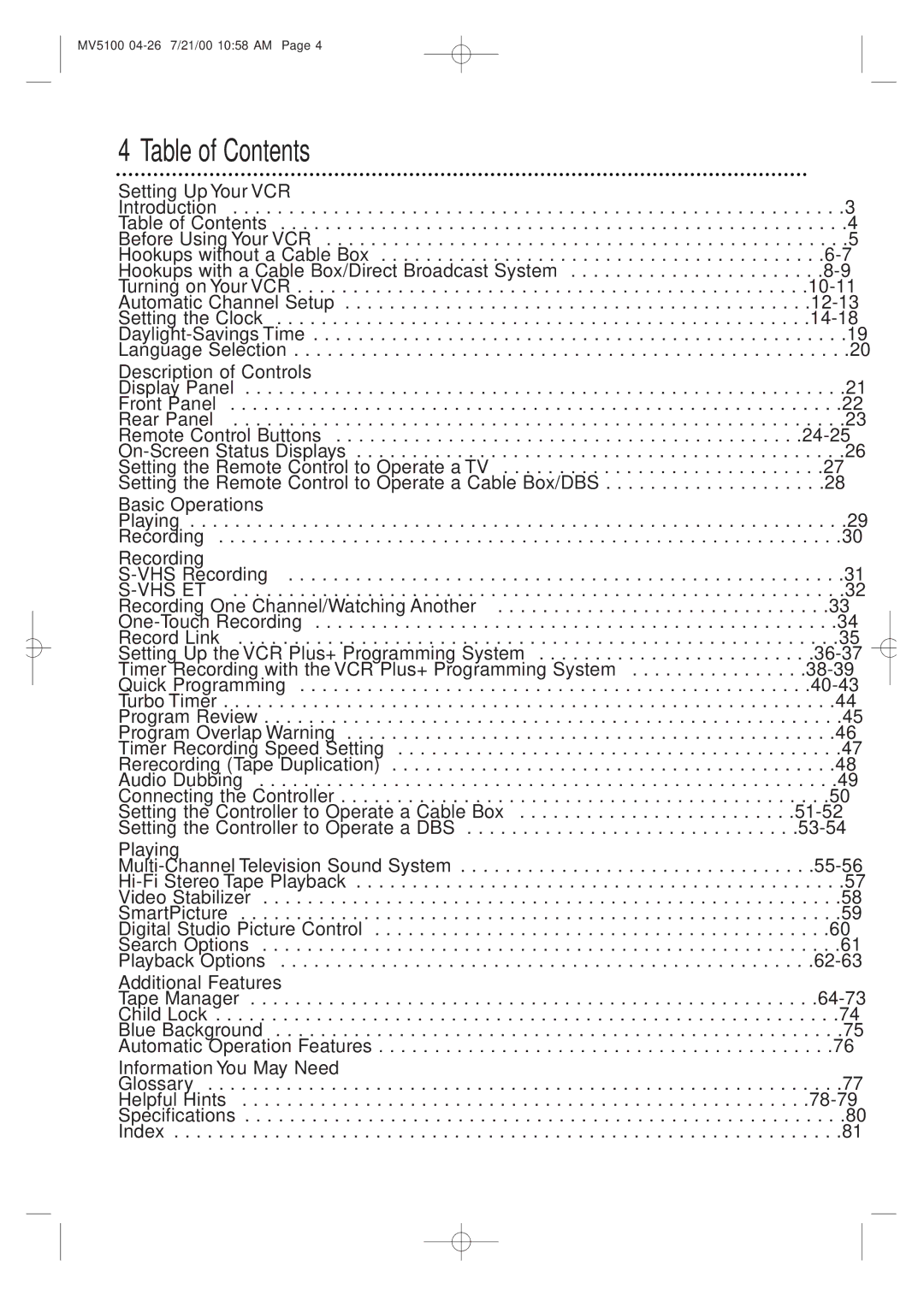 Marantz MV5100 manual Table of Contents 