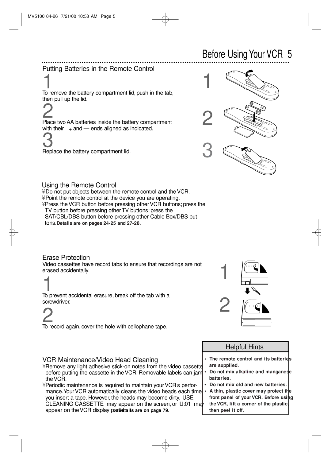 Marantz MV5100 manual Putting Batteries in the Remote Control, Using the Remote Control, Erase Protection 