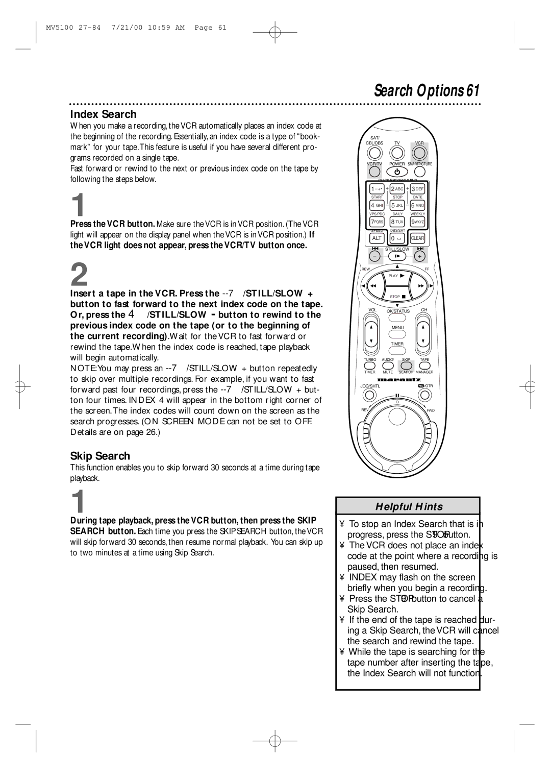 Marantz MV5100 manual Index Search, Press the Stop 9 button to cancel a Skip Search 