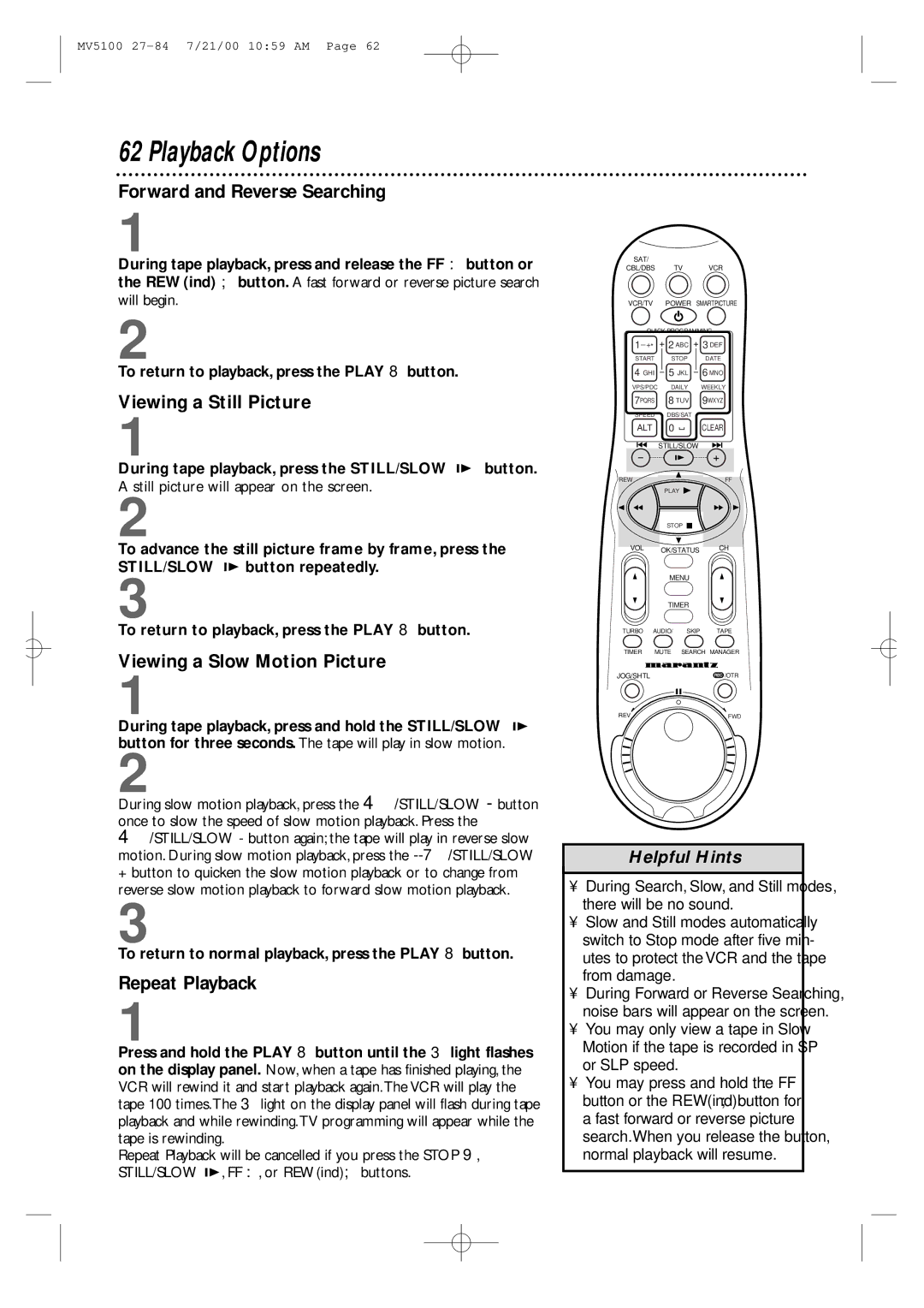 Marantz MV5100 Playback Options, Forward and Reverse Searching, Viewing a Still Picture, Viewing a Slow Motion Picture 