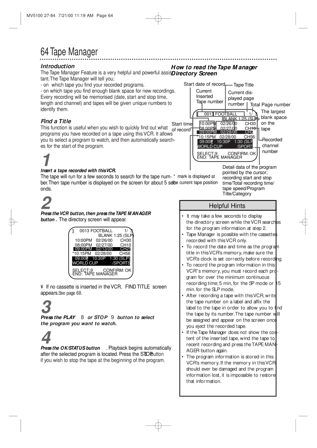 Marantz MV5100 manual Find a Title, How to read the Tape Manager Directory Screen, Insert a tape recorded with this VCR 