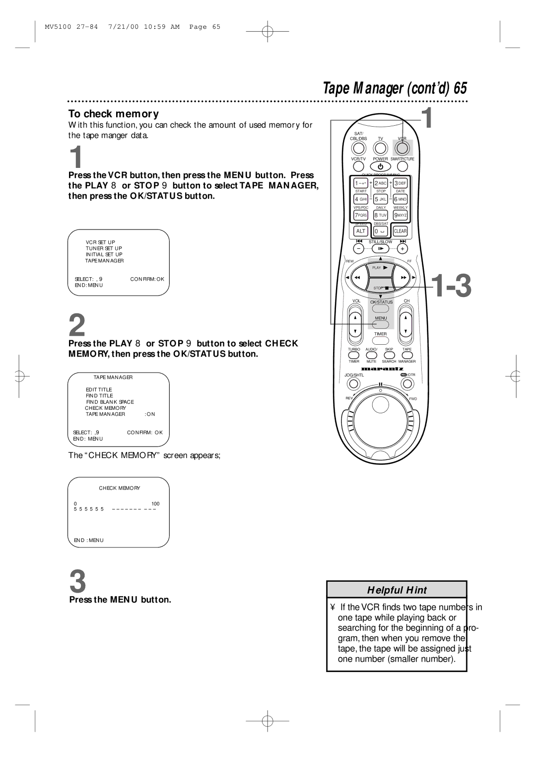 Marantz MV5100 manual To check memory, Check Memory screen appears 