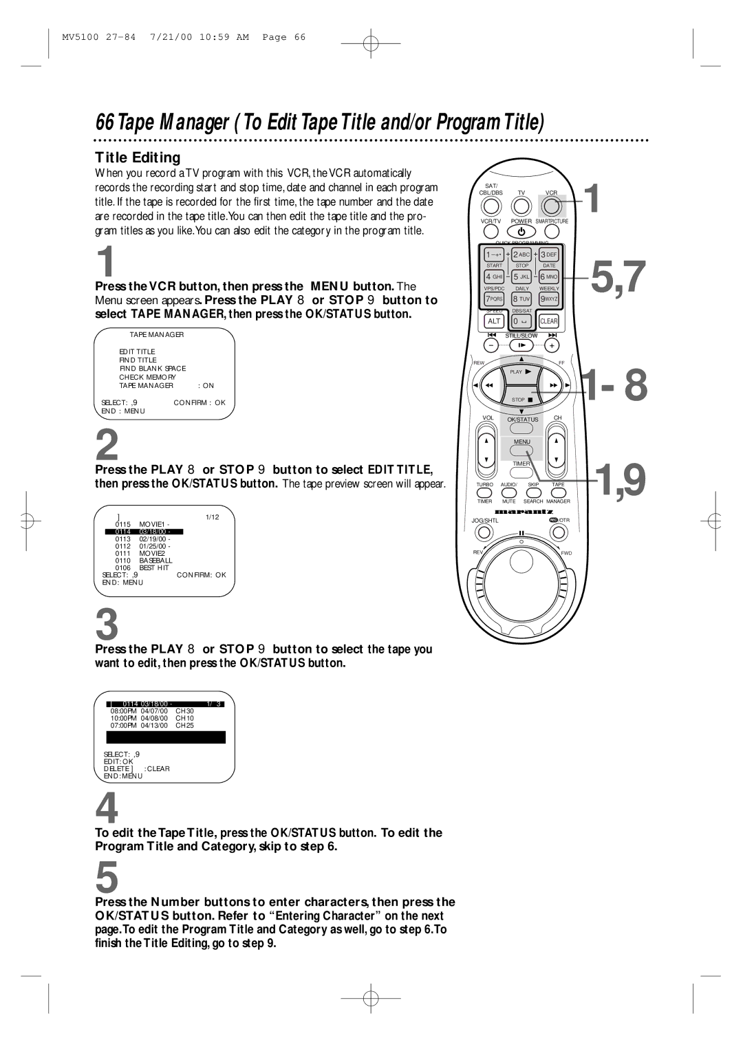 Marantz MV5100 manual Tape Manager To Edit Tape Title and/or Program Title, Title Editing 