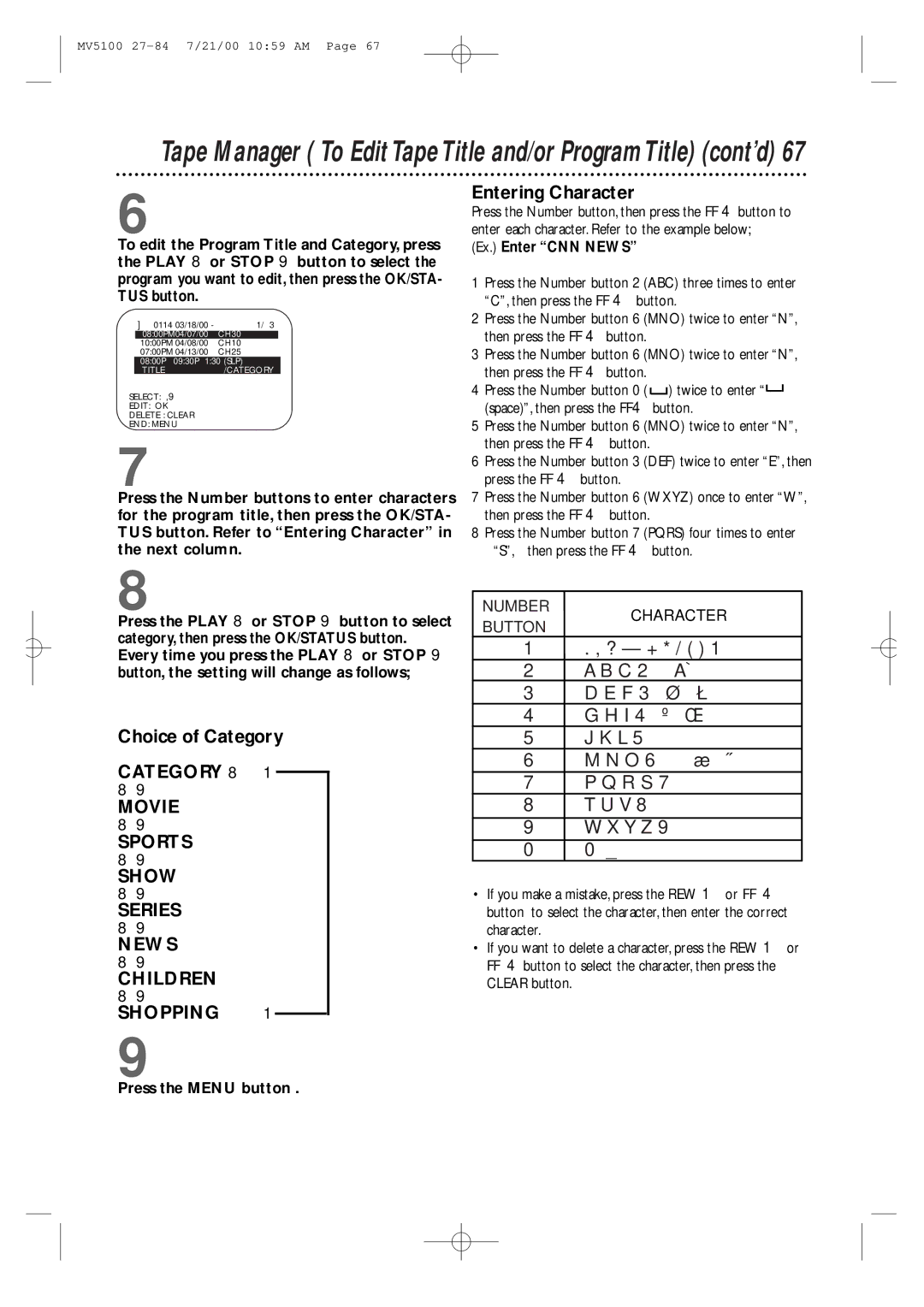 Marantz MV5100 manual Entering Character, Choice of Category 