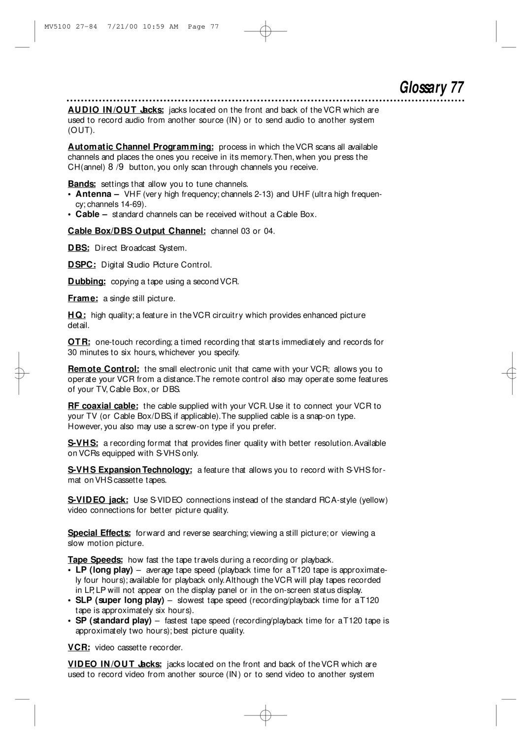 Marantz MV5100 manual Glossary, Cable Box/DBS Output Channel channel 03 or 