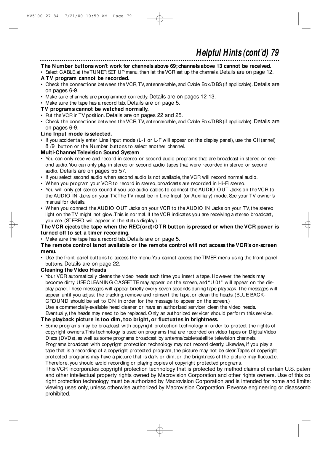 Marantz MV5100 manual Helpful Hints cont’d 