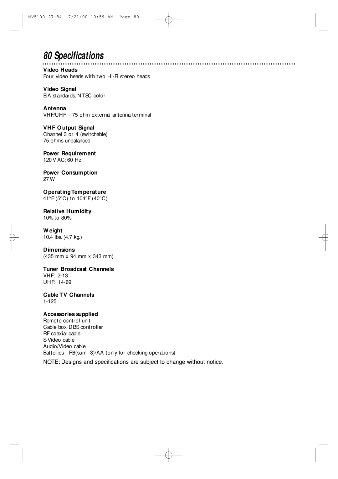 Marantz MV5100 manual Specifications 