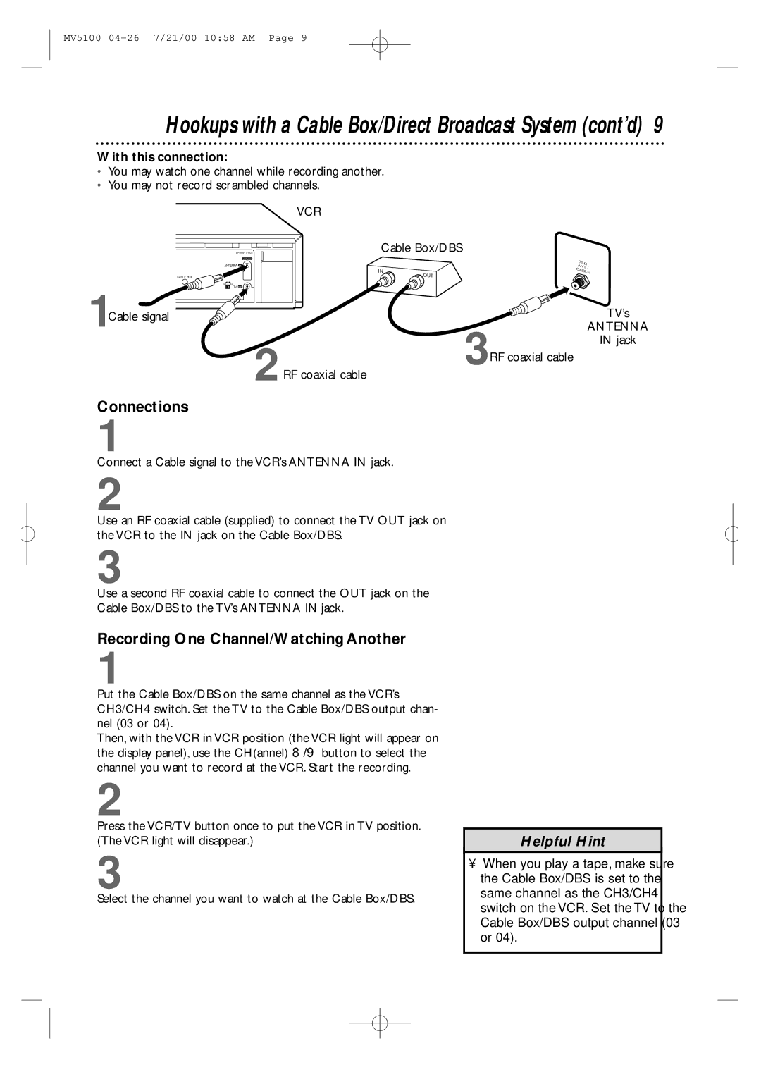 Marantz MV5100 manual Recording One Channel/Watching Another, 1Cable signal, 2RF coaxial cable 