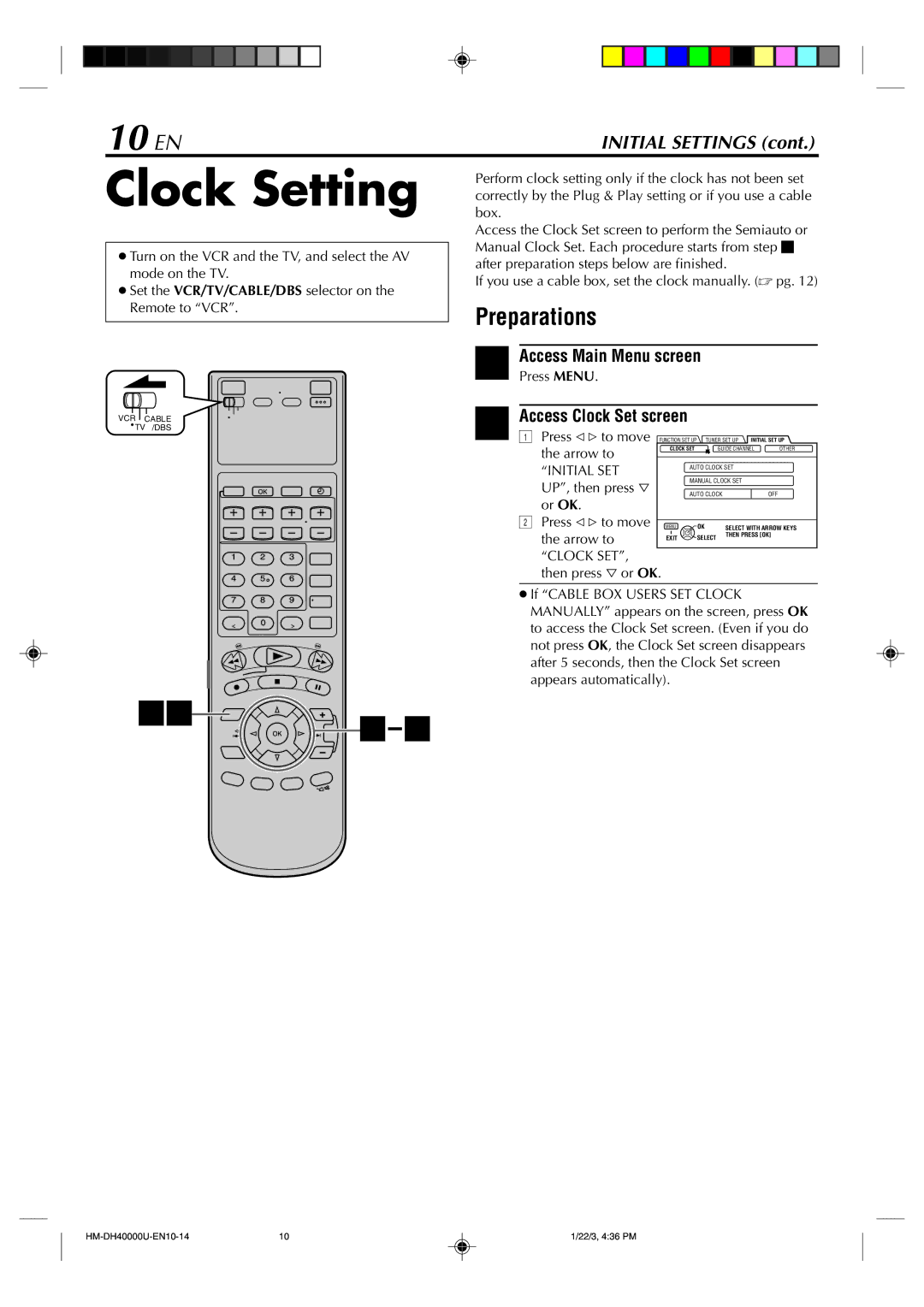 Marantz MV8300_U1B manual Clock Setting, 10 EN, Preparations, Access Main Menu screen, Initial SET 