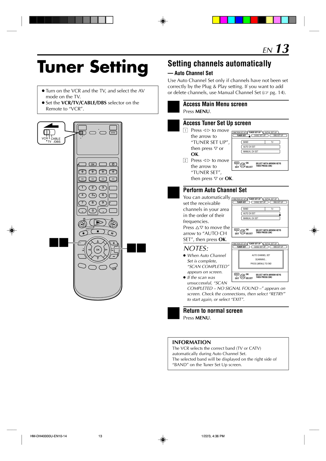 Marantz MV8300_U1B Tuner Setting, Setting channels automatically, Access Tuner Set Up screen, Perform Auto Channel Set 