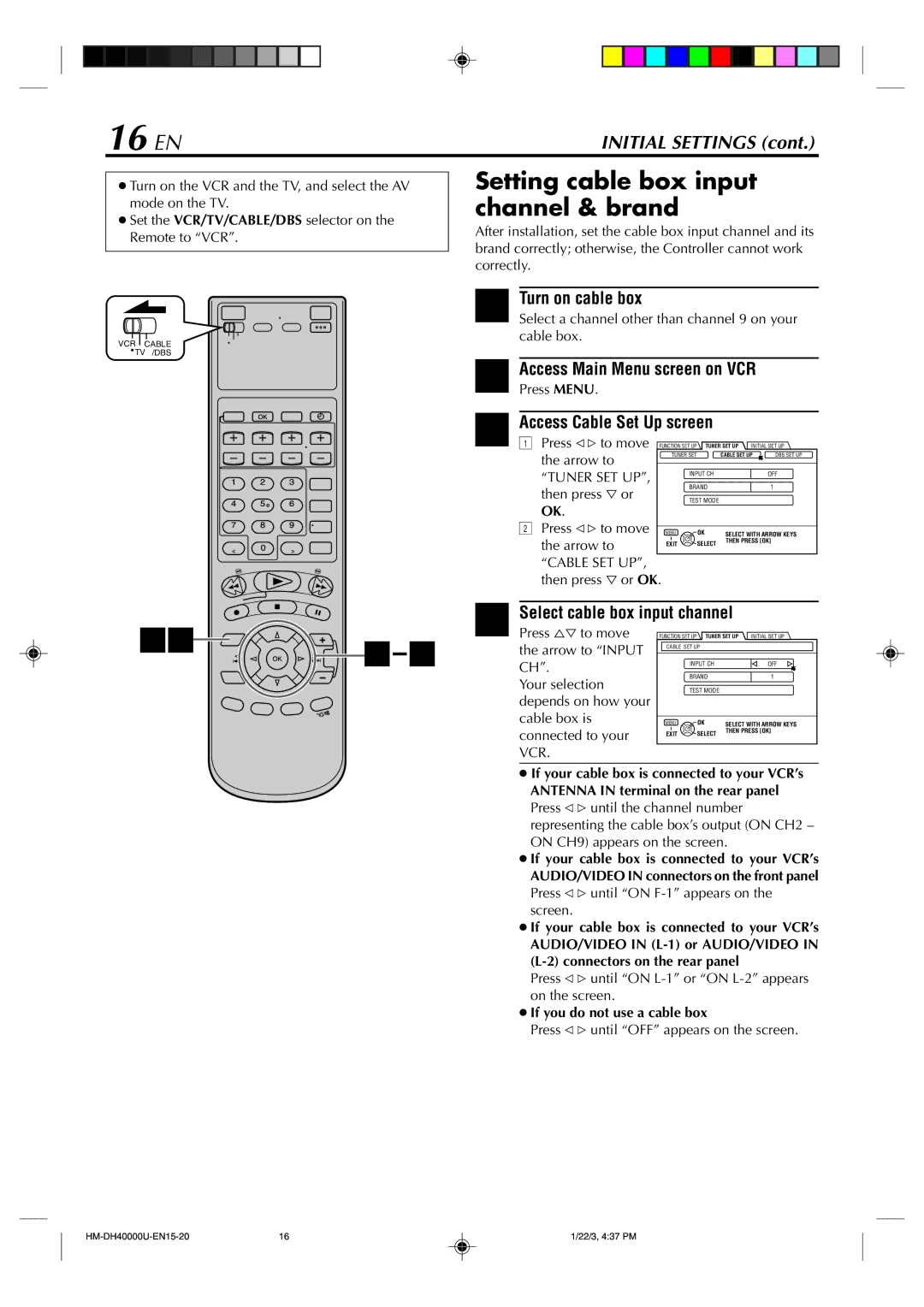 Marantz MV8300_U1B manual 16 EN, Access Main Menu screen on VCR, Select cable box input channel, Turn on cable box 