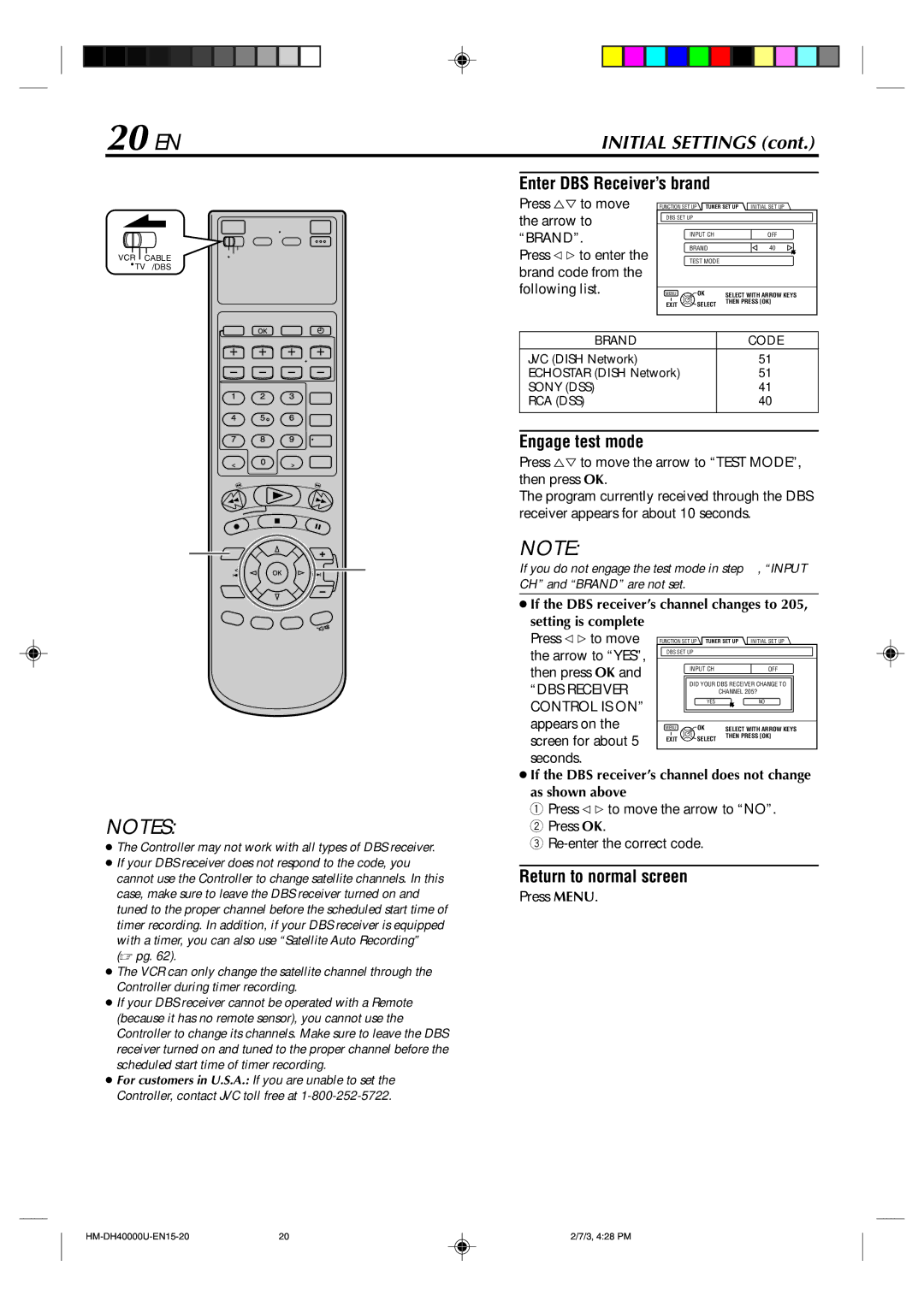 Marantz MV8300_U1B manual 20 EN, Enter DBS Receiver’s brand, Control is on, As shown above 