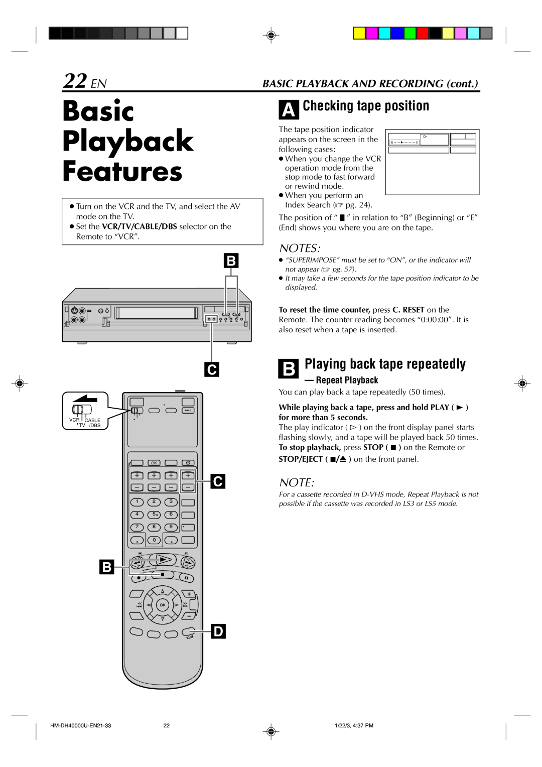 Marantz MV8300_U1B manual Basic, Playback Features, 22 EN, Checking tape position, Repeat Playback 