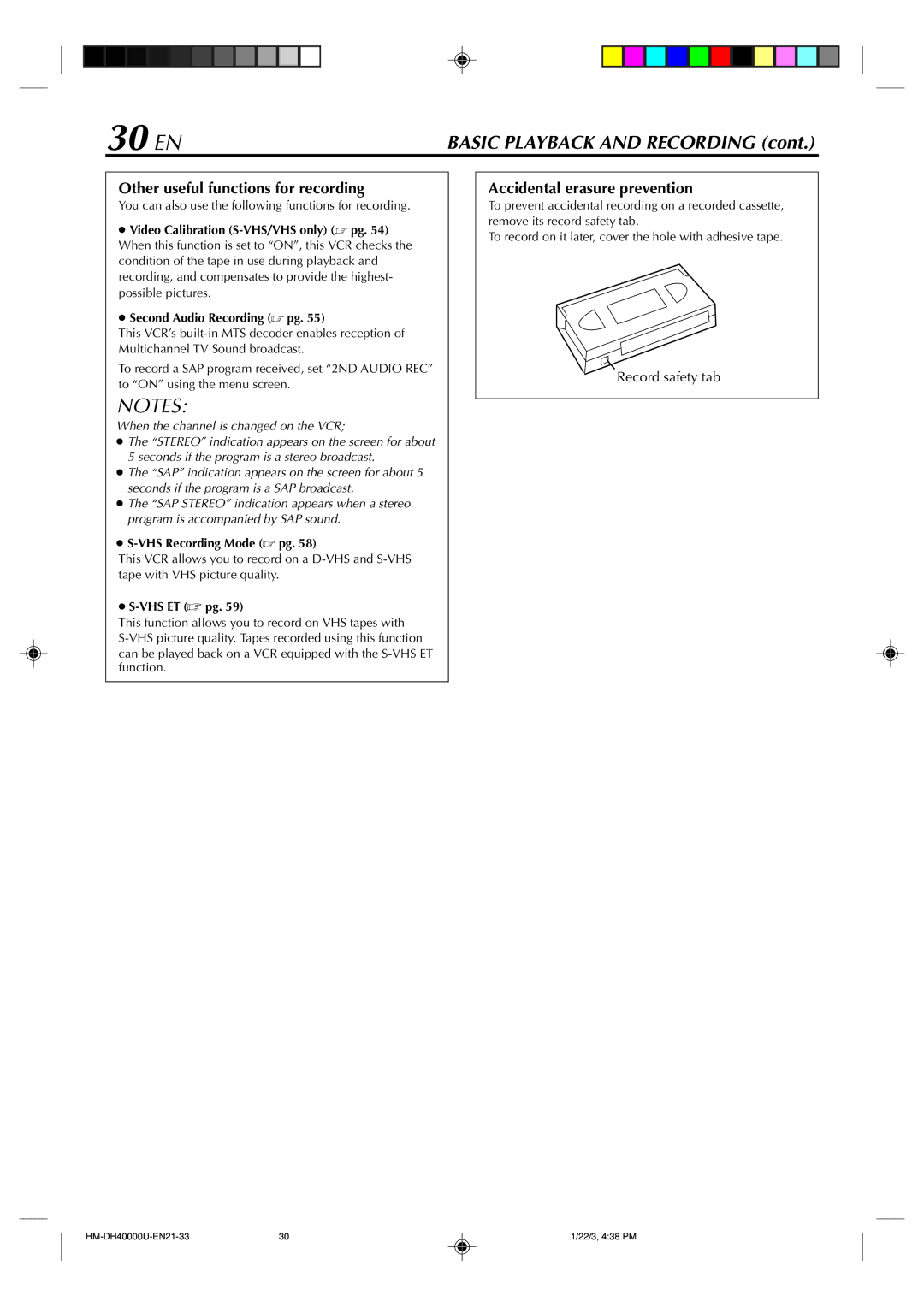 Marantz MV8300_U1B manual 30 EN, Other useful functions for recording, Accidental erasure prevention, Record safety tab 