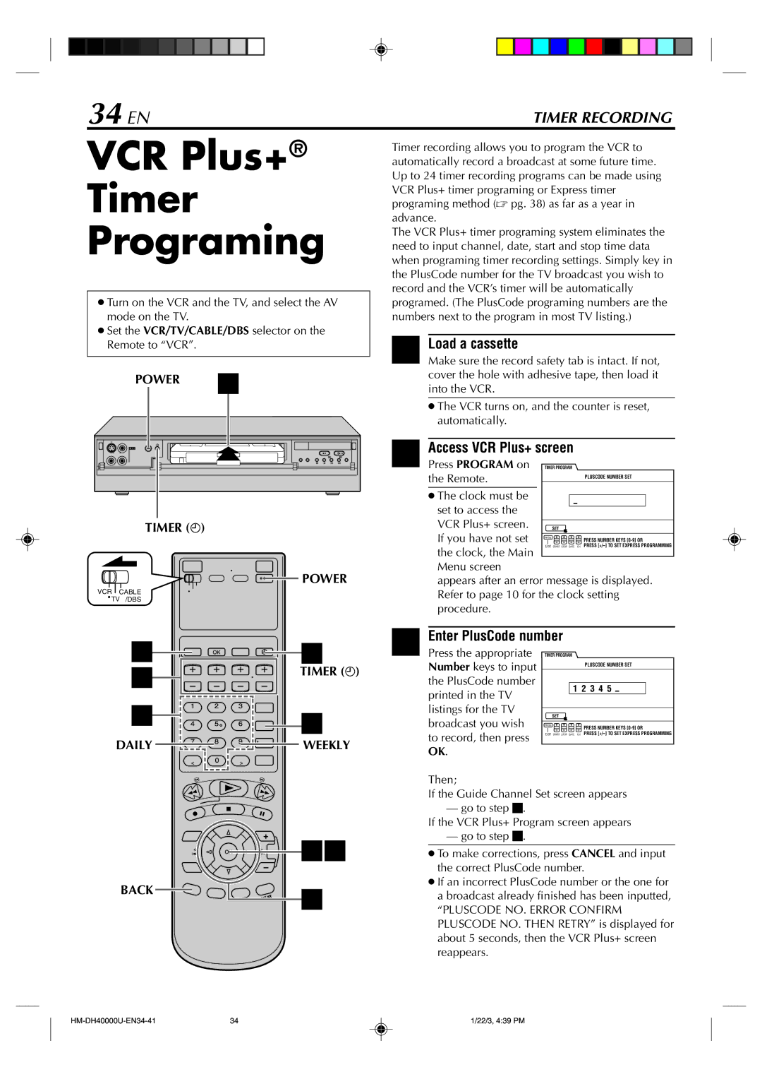 Marantz MV8300_U1B manual VCR Plus+ Timer Programing, 34 EN, Access VCR Plus+ screen 