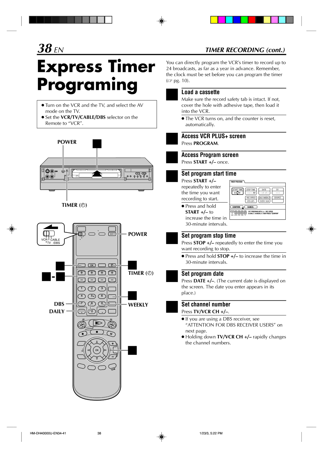 Marantz MV8300_U1B manual Express Timer Programing, 38 EN, Access VCR PLUS+ screen Press Program, Set program stop time 