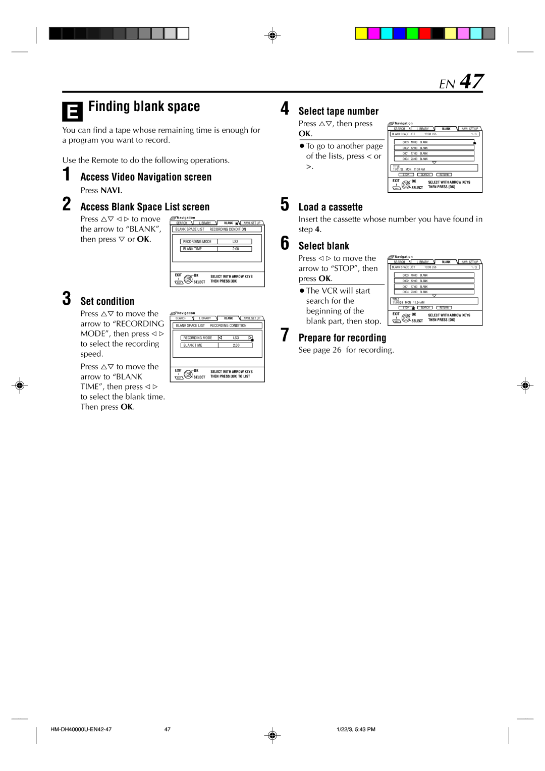 Marantz MV8300_U1B manual Finding blank space, Set condition, Select blank, Prepare for recording 