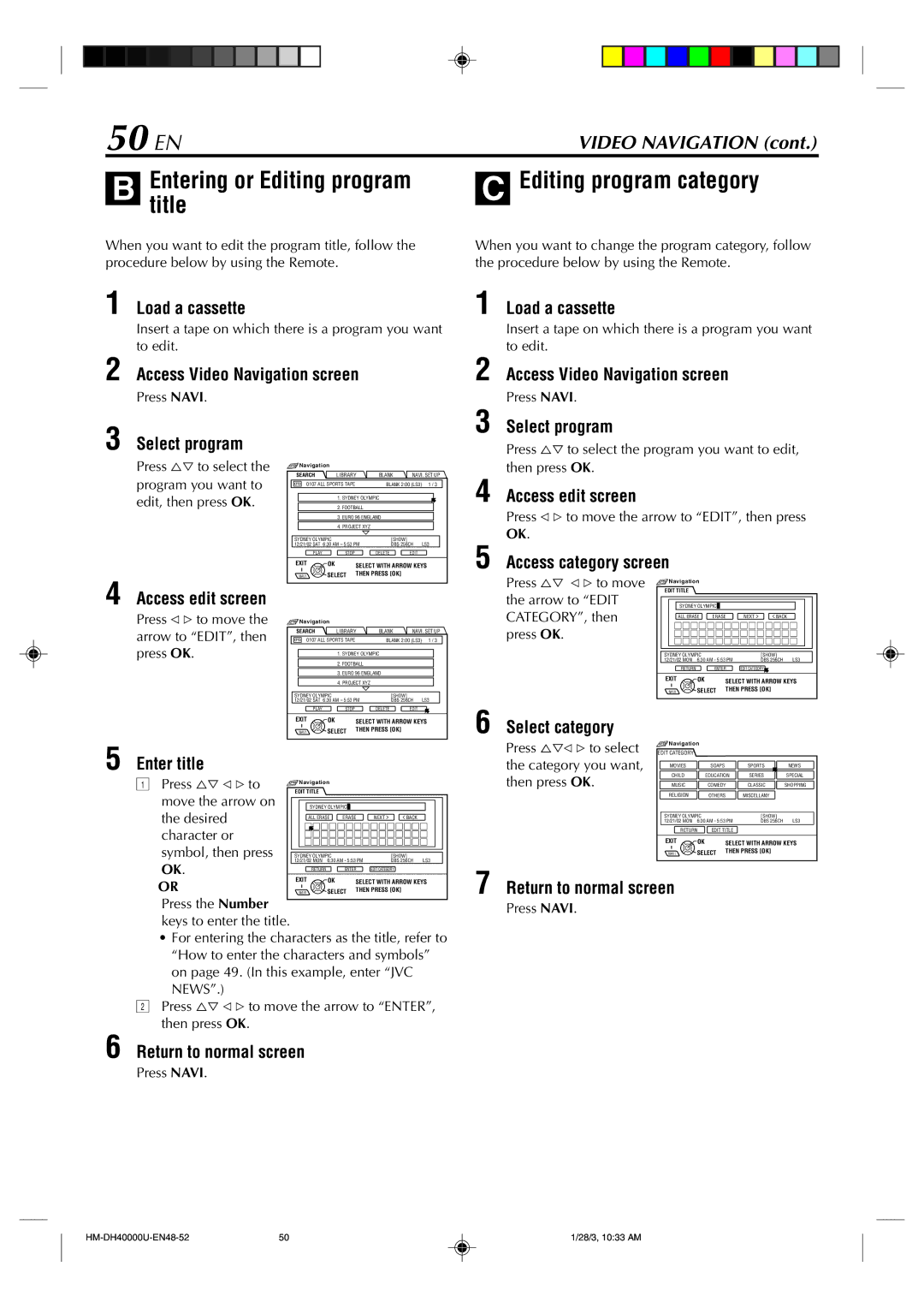 Marantz MV8300_U1B manual 50 EN, Entering or Editing program Editing program category Title 