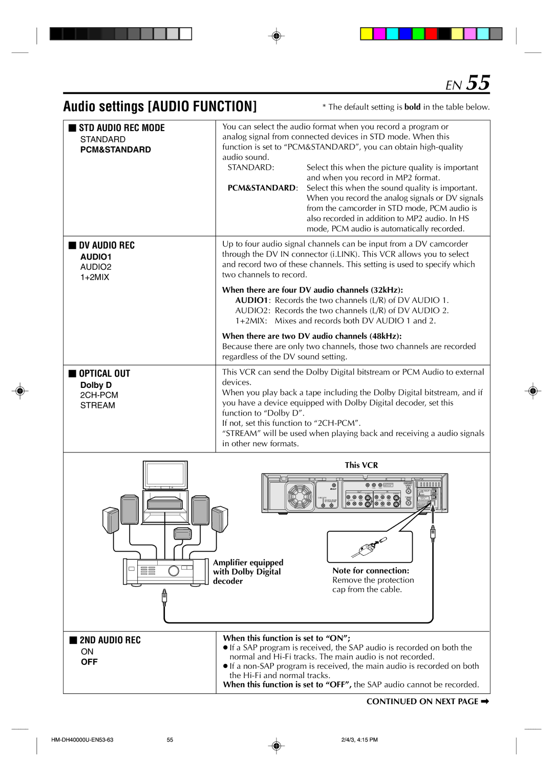 Marantz MV8300_U1B manual Audio settings Audio Function, Standard, This VCR, Amplifier equipped with Dolby Digital decoder 