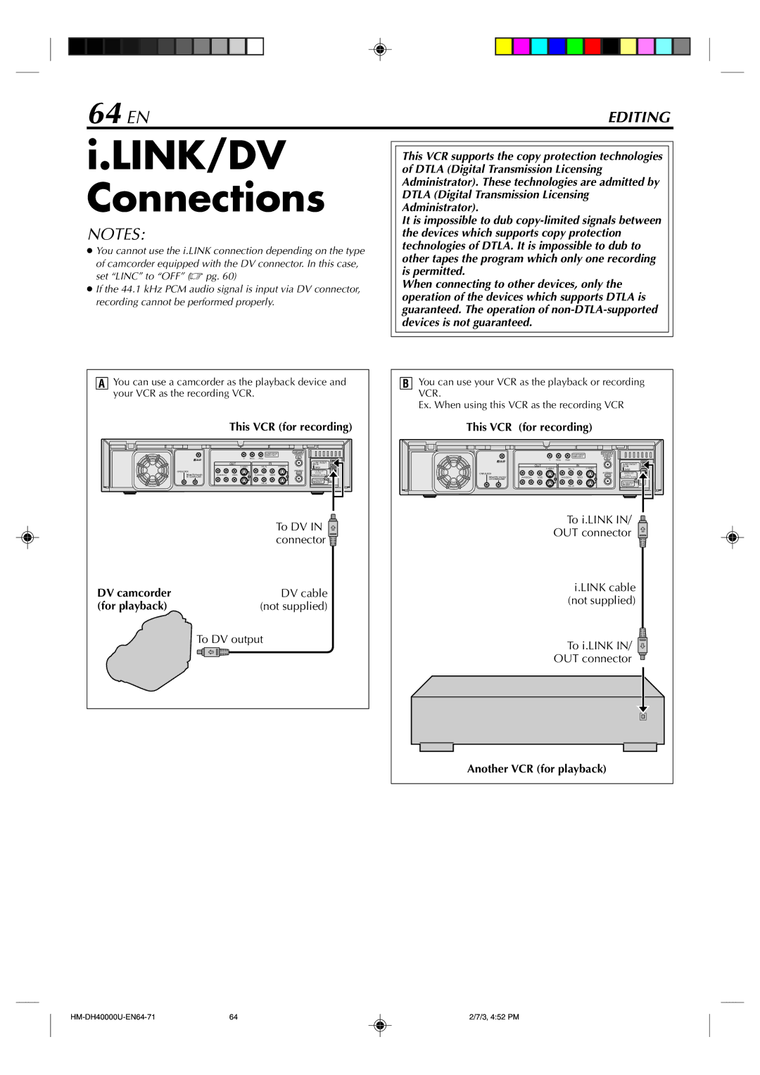 Marantz MV8300_U1B manual LINK/DV Connections, 64 EN 