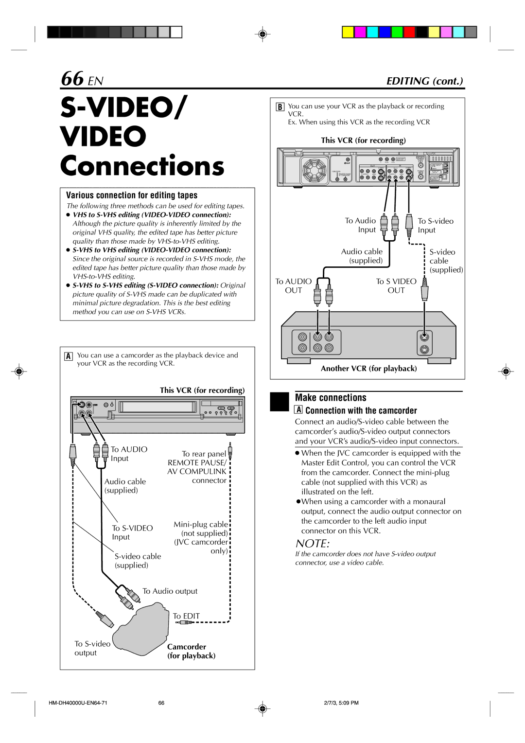 Marantz MV8300_U1B manual VIDEO/ Video Connections, 66 EN, Various connection for editing tapes, Camcorder 