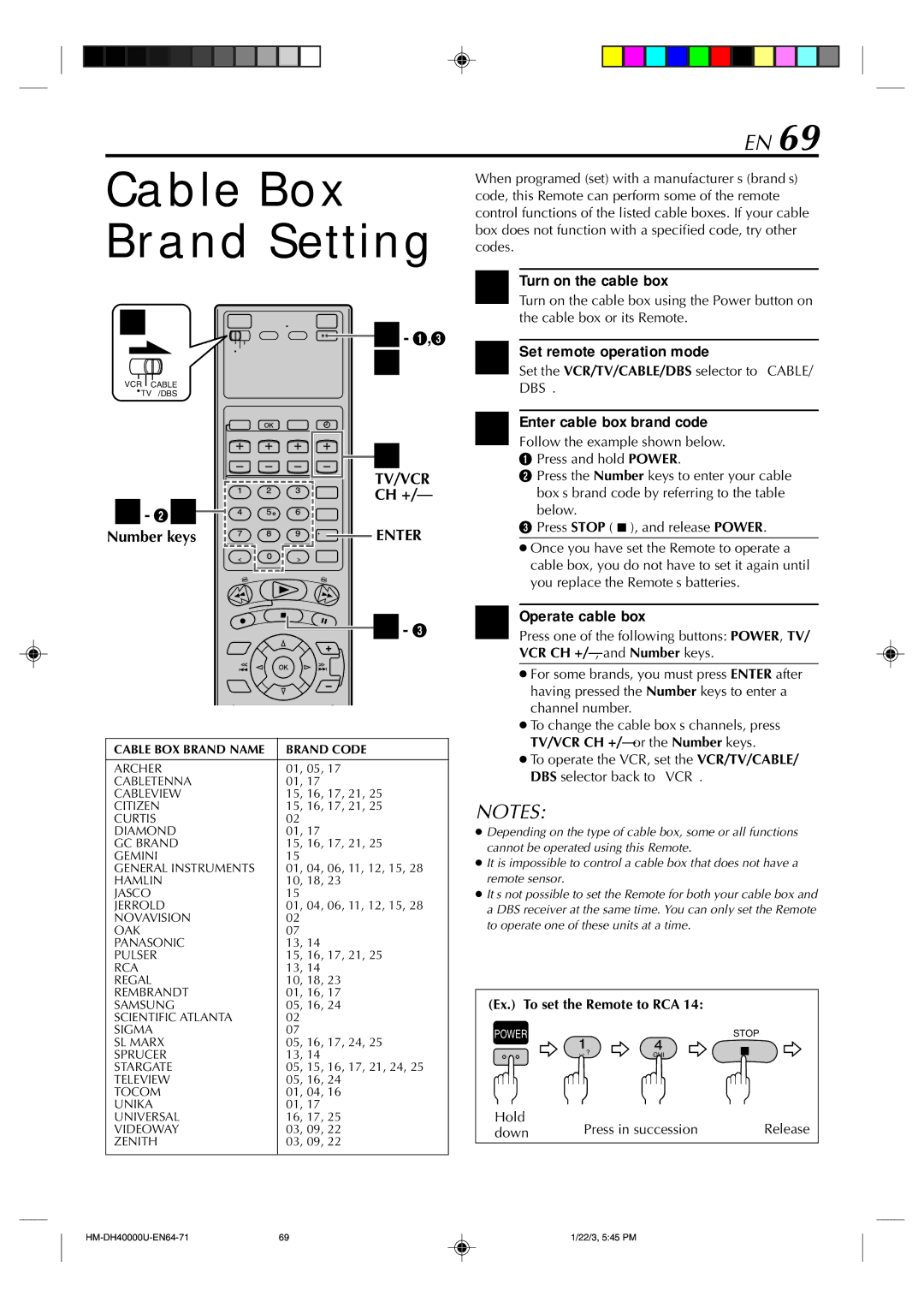 Marantz MV8300_U1B manual Cable Box Brand Setting, Turn on the cable box, Enter cable box brand code, Operate cable box 