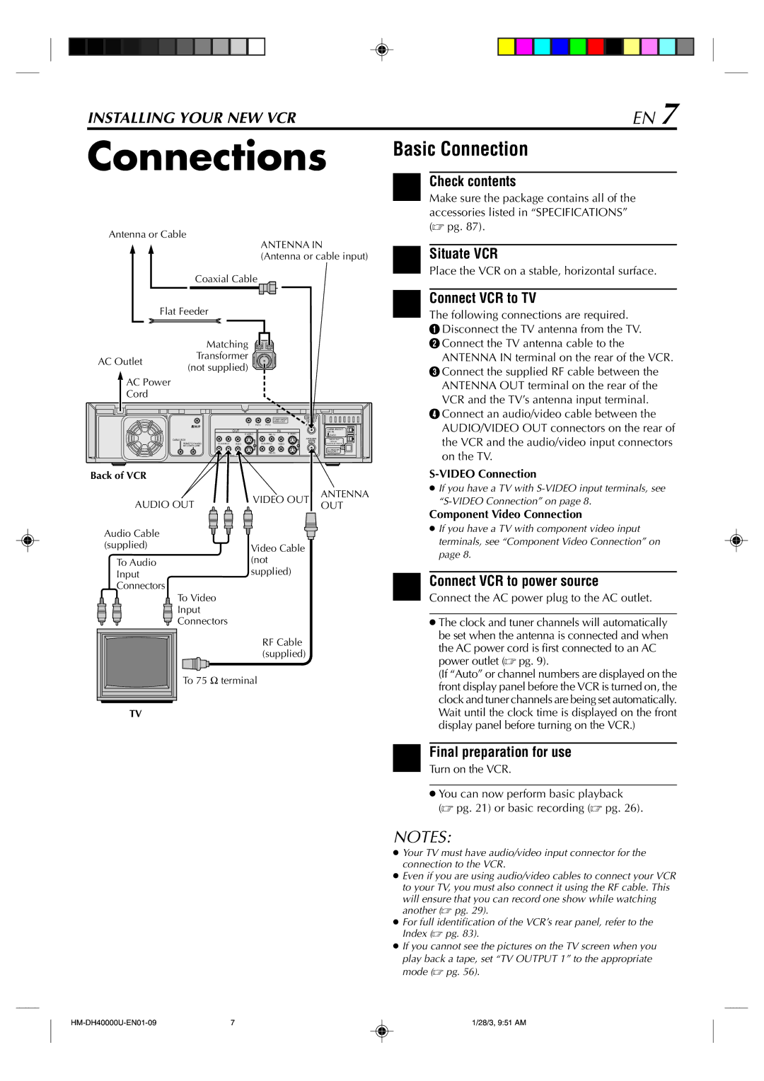 Marantz MV8300_U1B Connections, Basic Connection, Check contents, Connect VCR to power source, Final preparation for use 