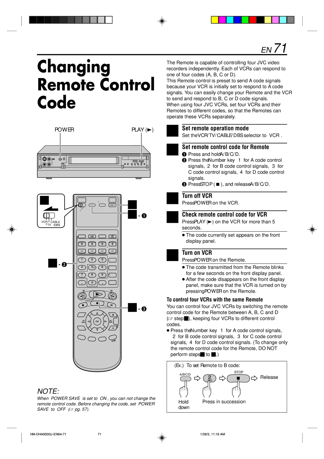 Marantz MV8300_U1B manual Changing Remote Control Code, Set remote control code for Remote, Turn off VCR 