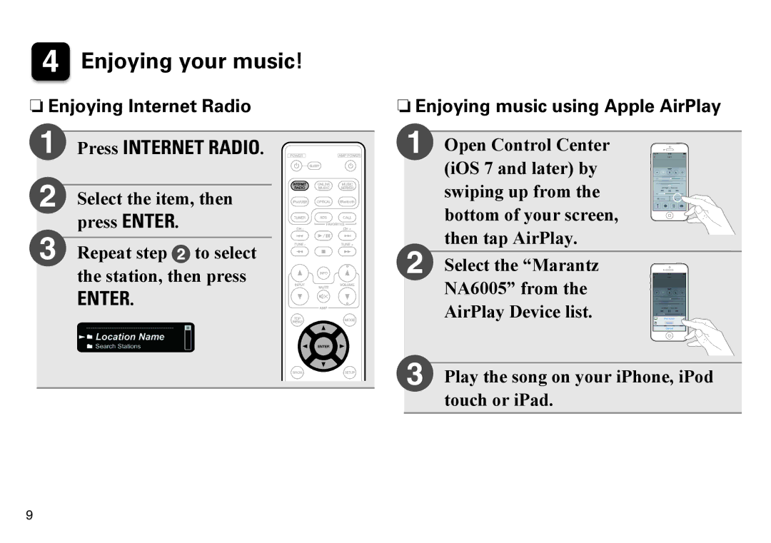 Marantz NA6005 quick start Enjoying your music, NnEnjoying Internet Radio, NnEnjoying music using Apple AirPlay 