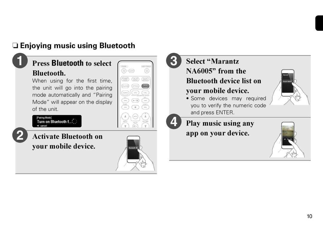 Marantz NA6005 quick start NnEnjoying music using Bluetooth, Press Bluetooth to select Bluetooth 