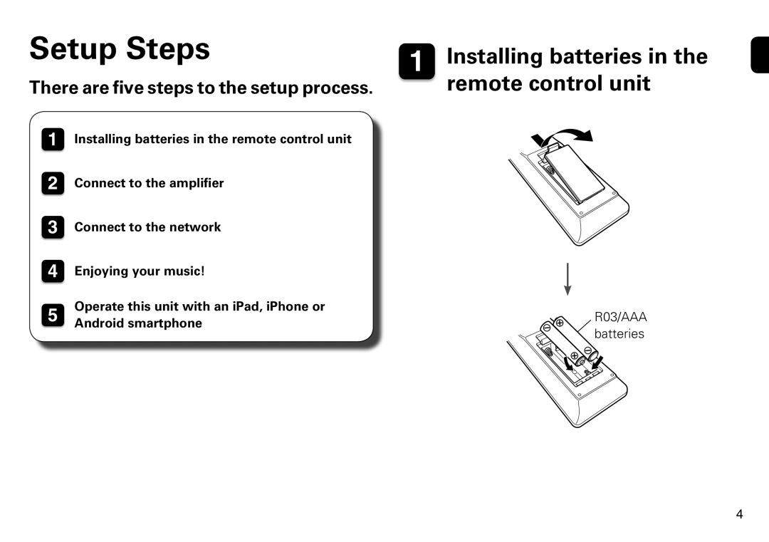 Marantz NA6005 quick start Remote control unit, There are five steps to the setup process 