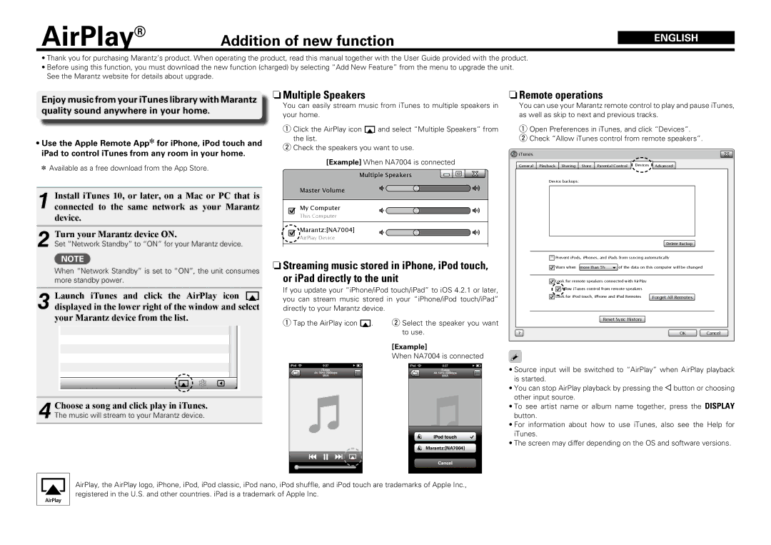 Marantz NA7004 manual AirPlay, Addition of new function, NnMultiple Speakers, NnRemote operations, English 