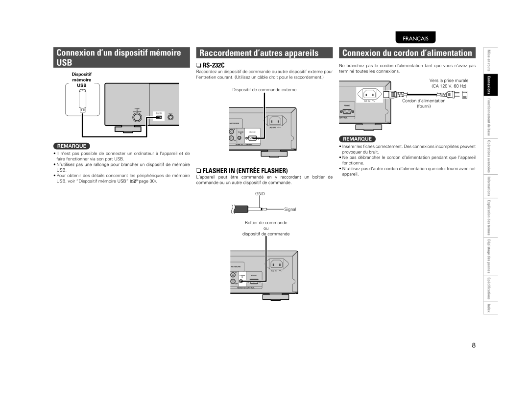 Marantz NA7004 manual Raccordement d’autres appareils, RS-232C, NFLASHER in Entrée Flasher, Dispositif mémoire 