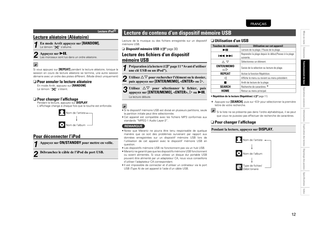 Marantz NA7004 manual Lecture du contenu d’un dispositif mémoire USB, Lecture aléatoire Aléatoire, Pour déconnecter l’iPod 