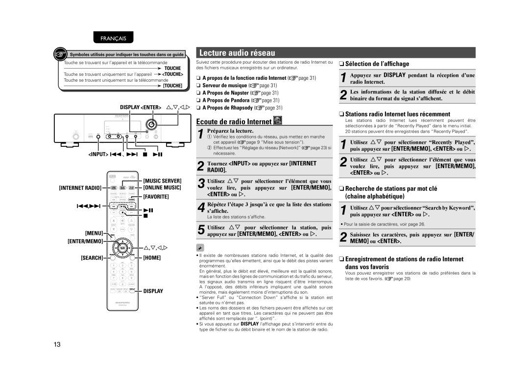 Marantz NA7004 manual Lecture audio réseau, Ecoute de radio Internet, NSélection de l’afﬁchage 