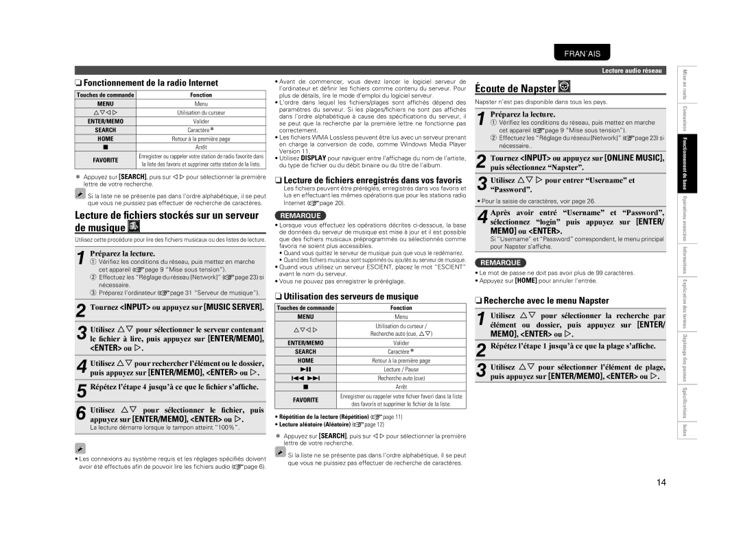 Marantz NA7004 Lecture de ﬁchiers stockés sur un serveur de musique, Écoute de Napster, NRecherche avec le menu Napster 